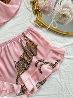 Women's Two Piece Pajama Set Leopard Print Ruffle Cami Top with Shorts Sleepwear Loungewear