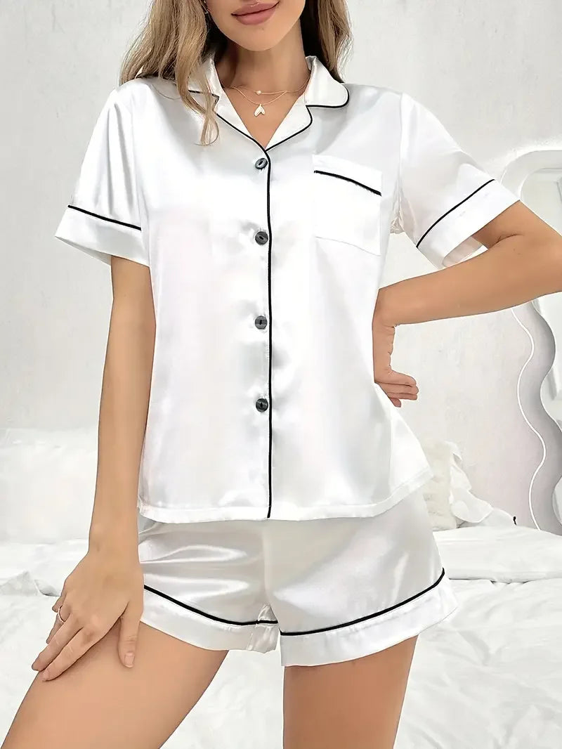 Womens Satin Silk Pajamas Set Short Sleeve Turn-down Collar Button Top & Shorts Sleepwear Loungewear Summer Nightwear