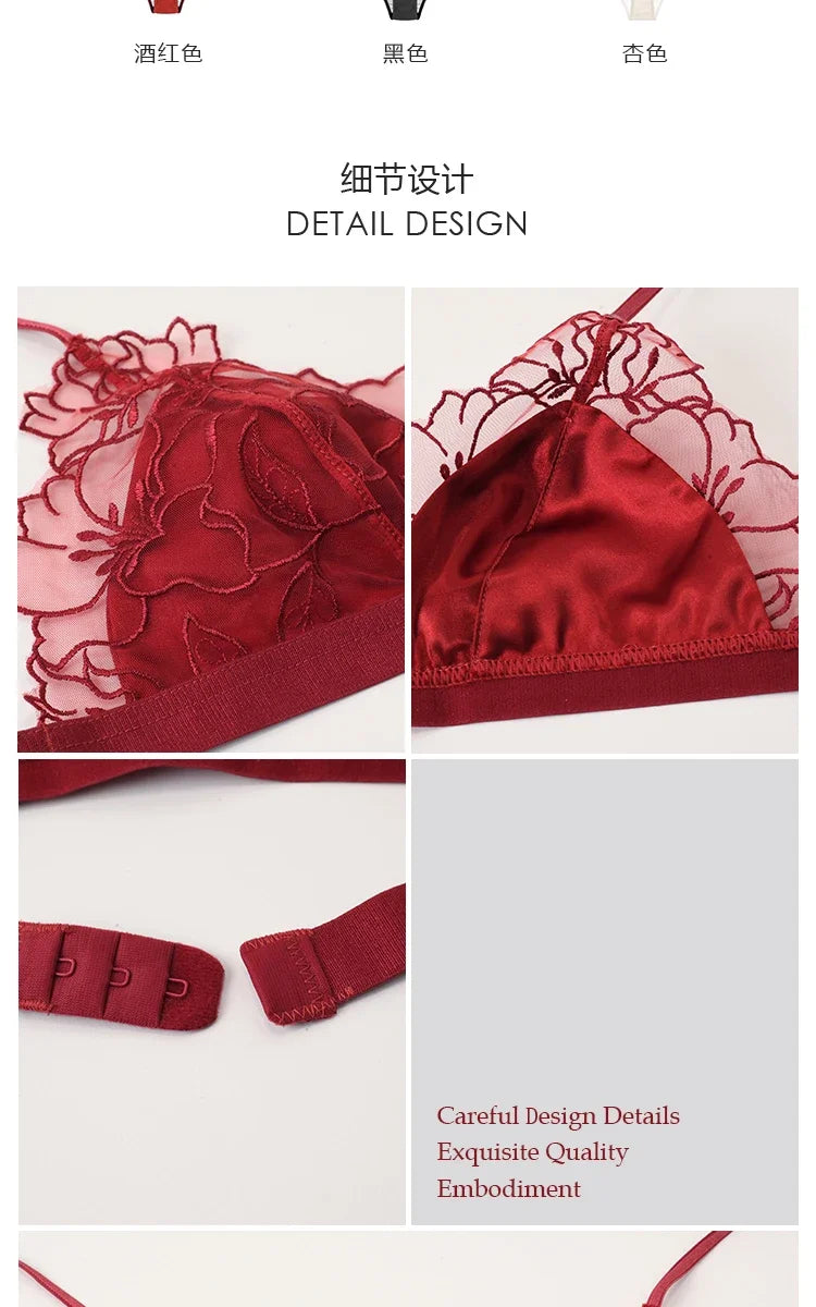 MOYISU Pure Desire Victoria French Lace Embroidered Lingerie Women's Thin Cup Triangle Cup Bra Set Comfortable No Underwire