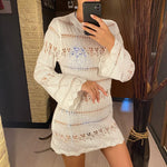 S - XL Long Sleeve Hollow Out Crochet Knitted Tunic Beach Cover Up Cover-ups Beach Dress Beach Wear Beachwear Female Women K5542