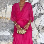 Women's Flowy Chiffon Wedding Guest Dress Ruffle Half Sleeve Empire Waist Ruched Wrap Dress V Neck Tiered Swing Dresses