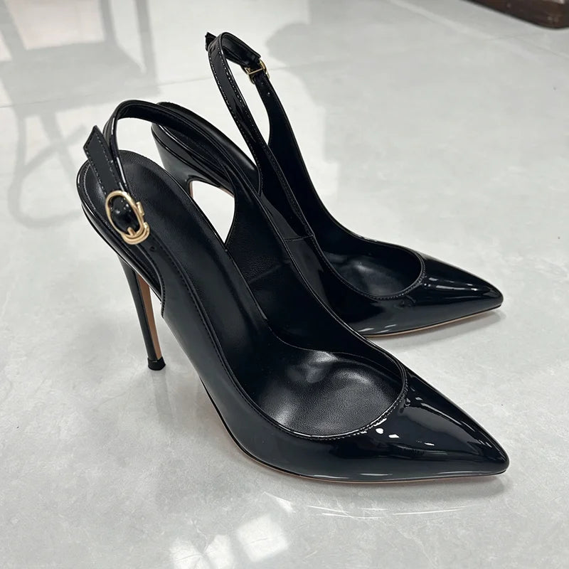 Women White Patent Leather Slingback Pumps Pointed Toe Thin Stiletto High Heels Buckle Strap Dress Shoes for Wedding Party Offic