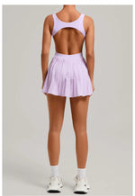 New Large Backless Tennis Dresses Women Solid Color Sleeveless Glare Pleated Yoga Skirt with Pocket Shorts Running Fitness Dress