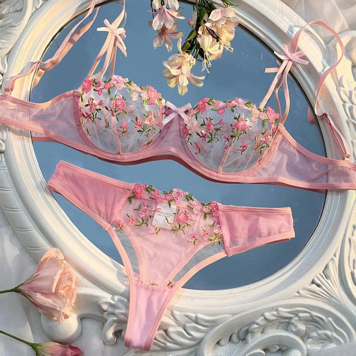 New Pink Bra Women Lingerie Set Ladies Embroidery Floral Bras Underwear Sets