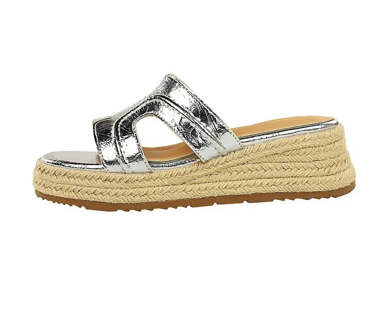 Spring 2025 Women's Slippers Hollow Out Strap Waterproof Thick Heel Woven Rope Country Style Slip-On Shoes Polyurethane Material