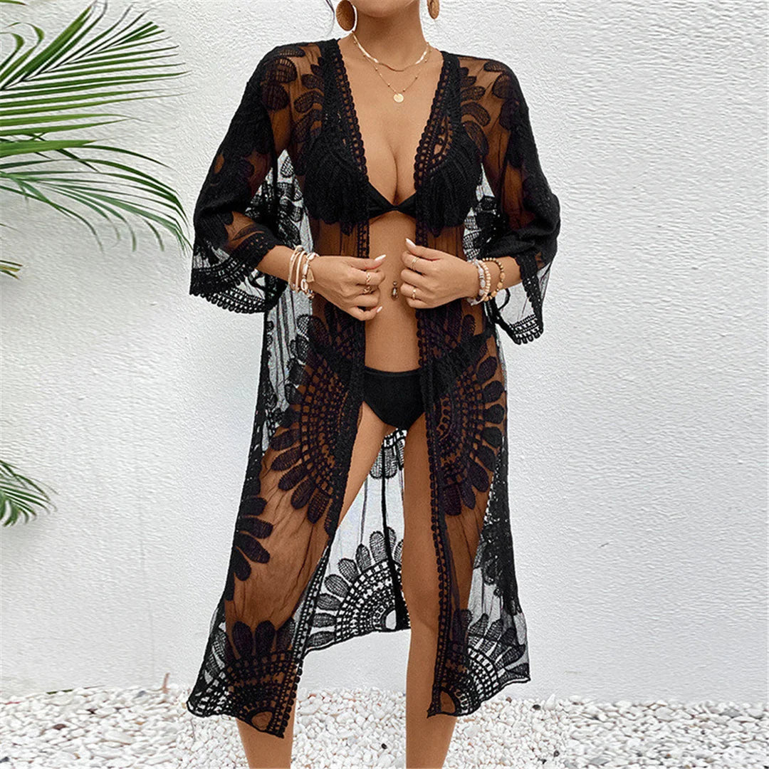 Sexy Embroidery Half Sleeve Chiffon Cardigan Tunic Beach Cover Up Cover-ups Beach Dress Beach Wear Beachwear Female Women V5510