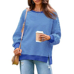 Long Sleeve Crewneck T-Shirt Split Hem Women Striped Oversized Sweatshirt Waffle Knitted Tunic Top Casual Women Sweater