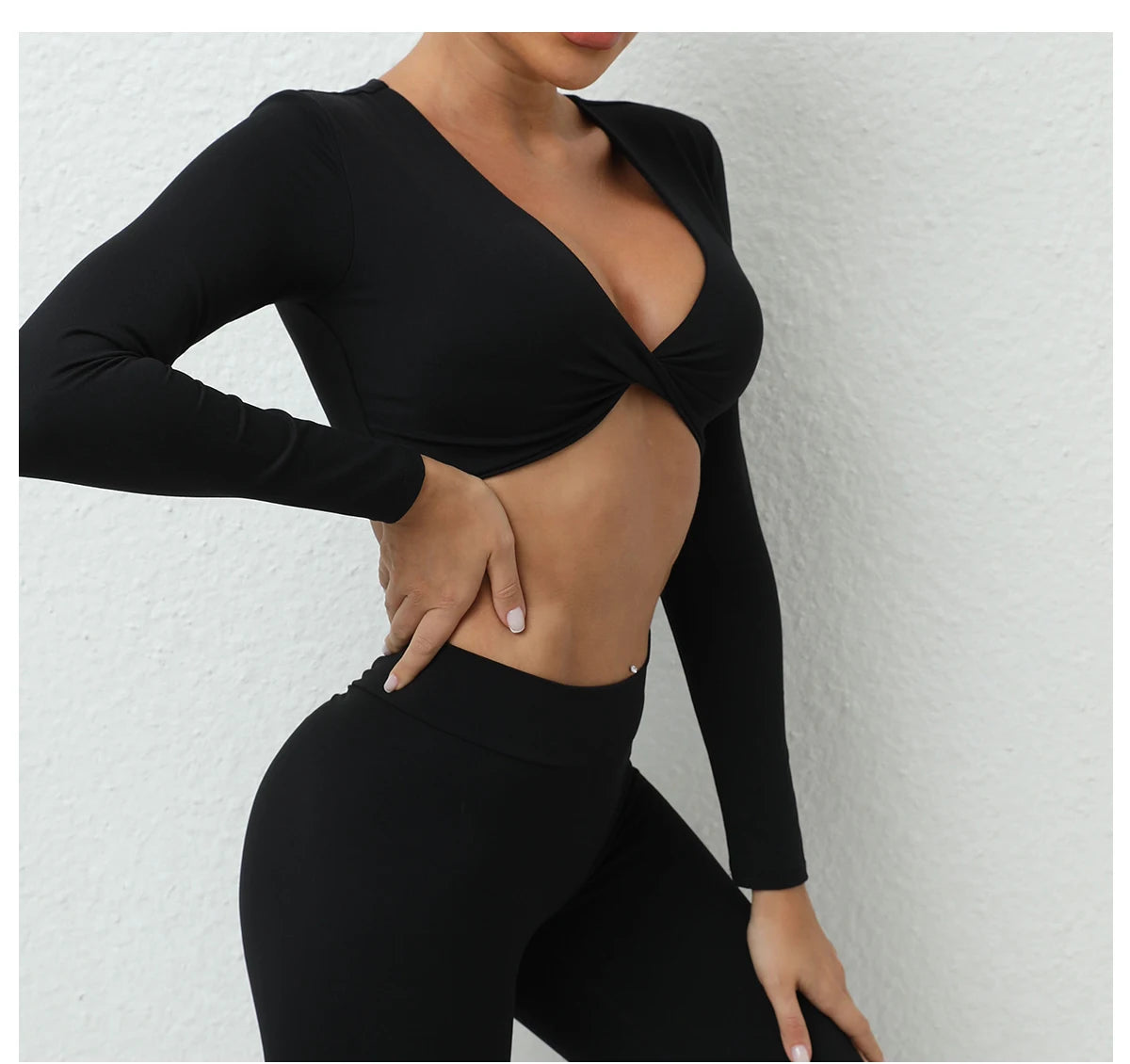 Long Sleeve Gym Crop Tops for Women Twist Deep V Workout Quick Dry Padded Sports Fitness Yoga T-Shirt