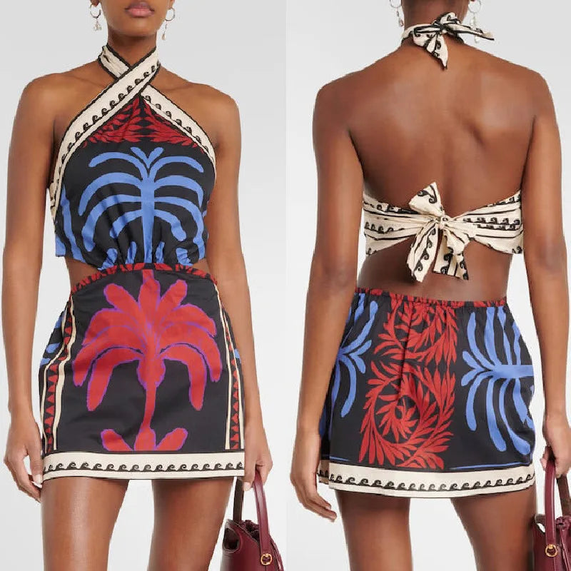 Bohemian Print Halter Neck Mini Dresses Women Sexy Backless Leace-up Beach Vacation Dress Fashion Beachwear Vestidos Summer New