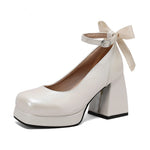 Big Size 48 Sweet y2k Pink Mary Janes Pumps Blue Ribbon Knot Block High Heels Shoes Women White Party Wedding Platform Shoes