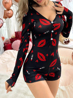 Summer Onesies Women's Sexy Pajamas Bodysuit Casual Red Lips Print V-neck Front Button Long Sleeve Jumpsuit Sleepwear