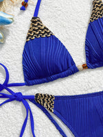 Sexy Blue Knitted Patchwork Bikini Set Women Halter Push Up Bra Bandage Thong Swimsuit Summer Bathing Suit Pool Swimwear 2026
