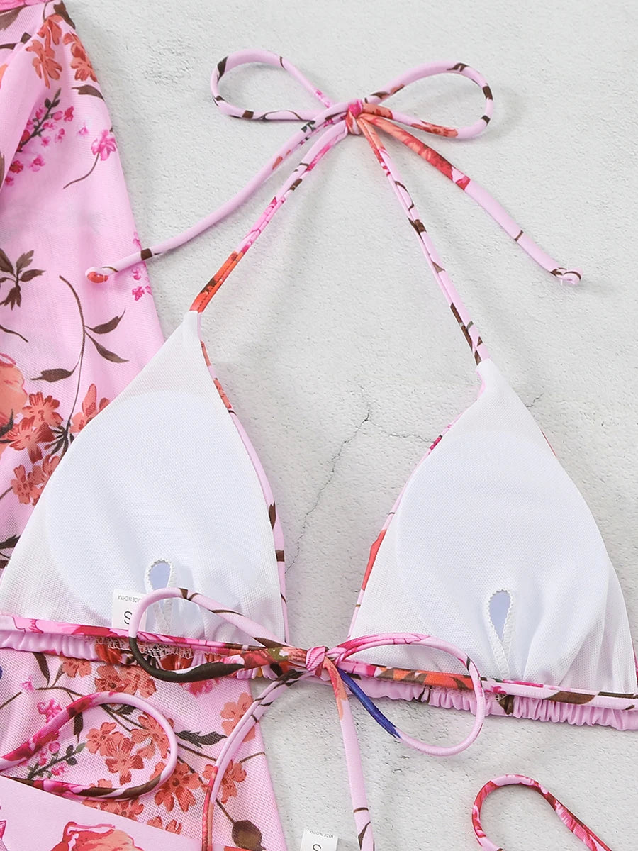 3 Pieces Printed Halter String Bikini 2026 Women & Kimono Swimwear Female Swimsuit Beachwear Bathers Bathing Swimming Swim Suit