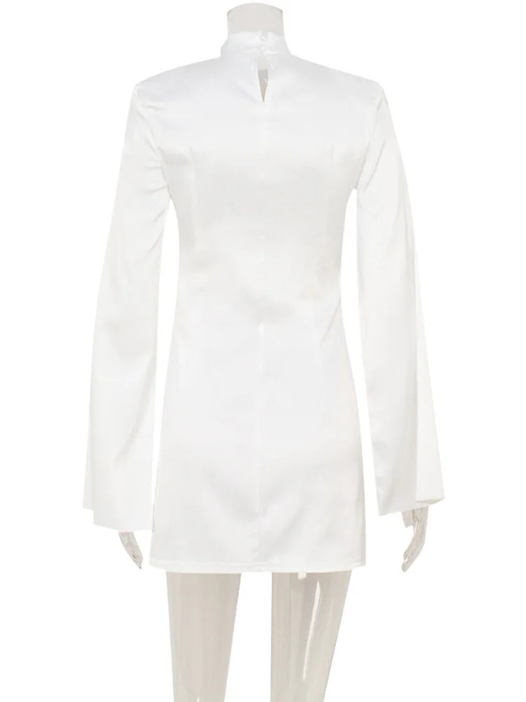 Ahagaga Eelgant Mini Dresses For Women Solid Long Flare Sleeves Turtleneck Sheath Satin Fashion Split Party Slim Fit Female Robe