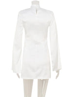 Ahagaga Eelgant Mini Dresses For Women Solid Long Flare Sleeves Turtleneck Sheath Satin Fashion Split Party Slim Fit Female Robe