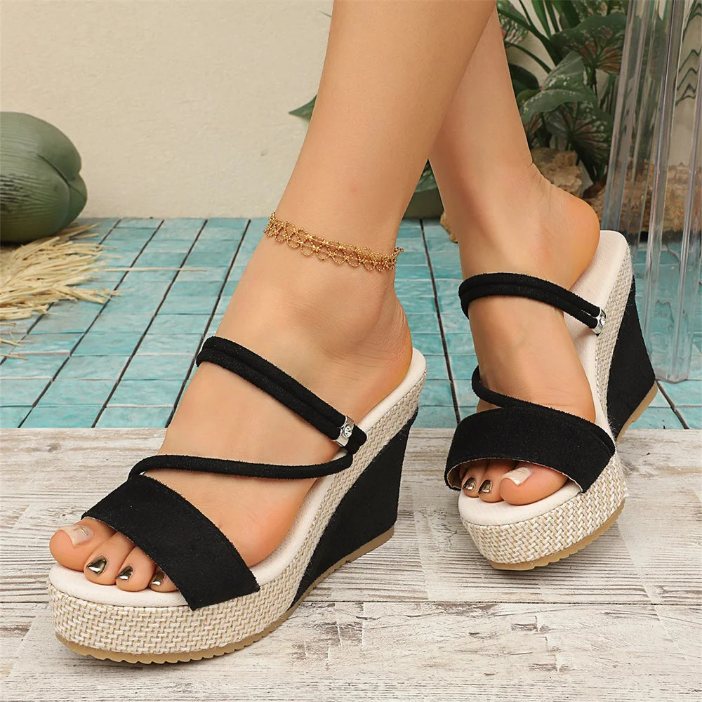 Women's Black Suede Dual Straps Straw Wedge Slide Mules Platform Sandals Summer Beach Travel Daily Casual Shoes EUR Size 43
