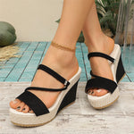 Women's Black Suede Dual Straps Straw Wedge Slide Mules Platform Sandals Summer Beach Travel Daily Casual Shoes EUR Size 43
