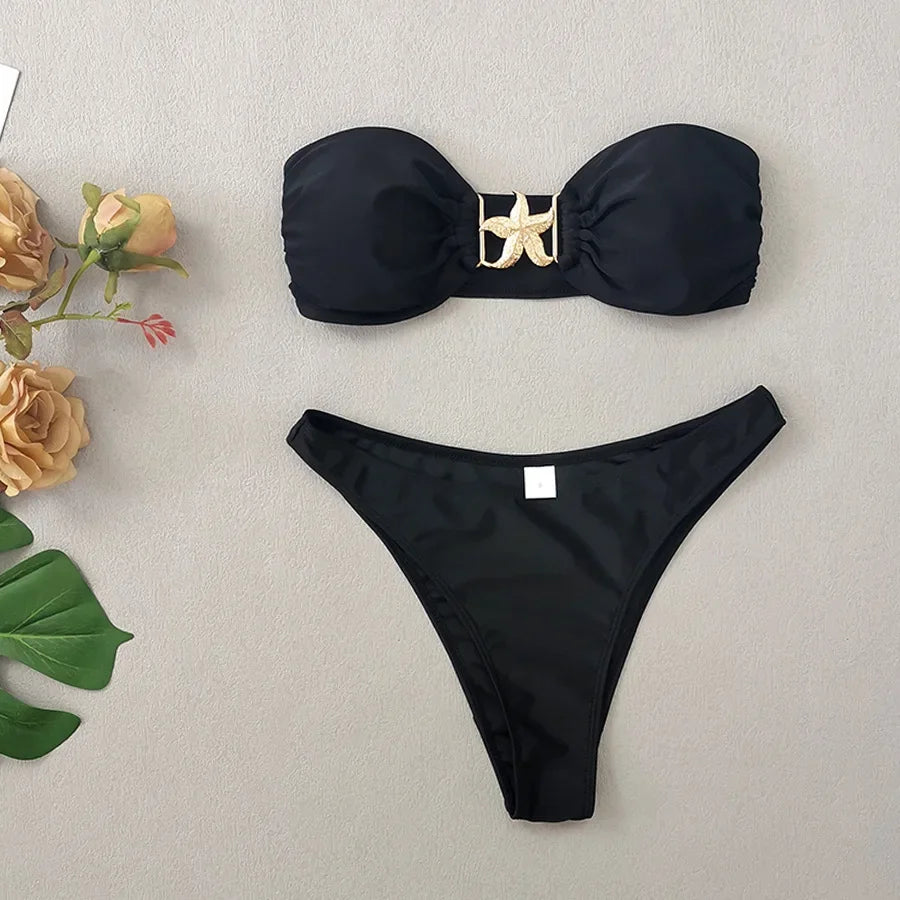 Sexy Meal Starfish Designer Bikinis Sets Women Black Push Up Buckle Mesh Skirt 3 Piece Swimsuit Beach Bathing Suit Swimwear 2025