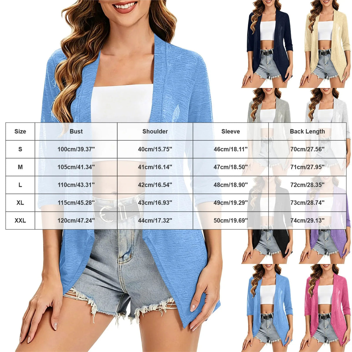 Women Asymmetric Hem Casual Solid Color Open Front Cardigan 3/4 Sleeve Lightweight Shrug With Side Pockets For Spring Summer