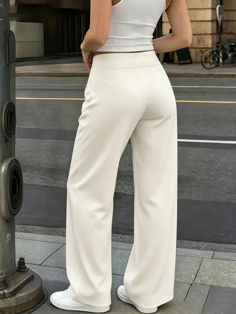 Women Solid Soft Straight Leg Pants High Waist Wide Leg Yoga Leggings Breathable Loose Sweatpants For Fitness Running Daily Wear