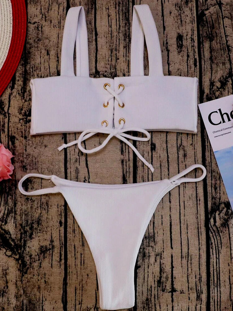 2025 Micro Bikinis Ribbed Bikini Set Women Sexy Swimsuit Mujer Bandeau Bikinis Lace Up Stylish Bathing Suit Wide Straps Swimwear