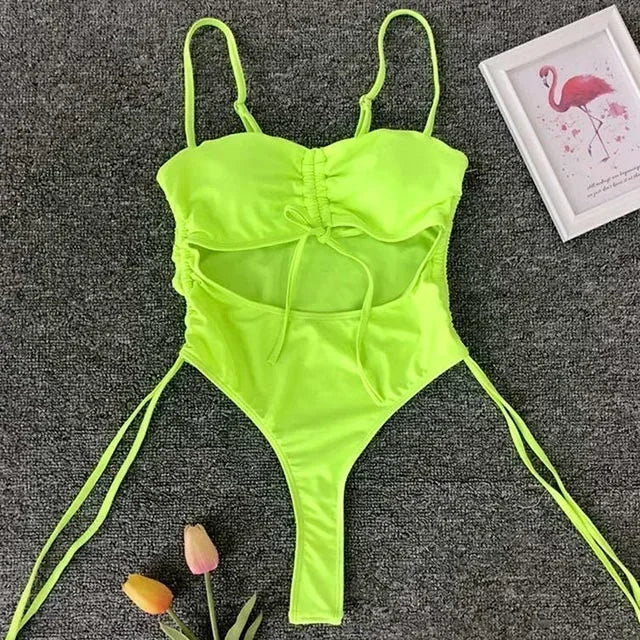 Splicing High Cut Out One Piece Swimsuit Women Tassel Swimwear Female Sexy Bathing Suit String Leopard Bikini 2025 Monokini Lady