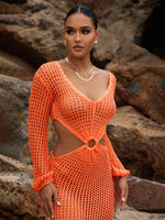 DEKA New Sexy Knit Mesh Cut Out Deep V Neck Long-sleeve Lace-up Fringe Tunic Summer Women Swimsuit Cover-ups Beach Maxi Dress