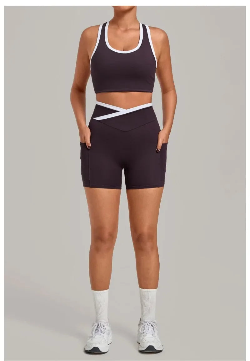 Women's Seamless Yoga Sets Sports Fitness High Waist Hip-lifting Shorts Back Beauty Sleeveless Suits Gym Training Workout Sets