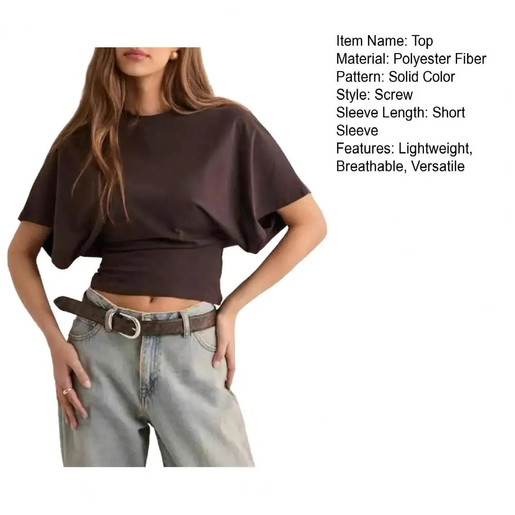 Women Solid Color Round Neck T-Shirt Breathable Casual Top Summer Short Sleeve Pullover Tee for Work Daily Wear Parties