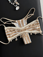 Striped Shell Fishnet Bandeau Bikini Women Swimsuit Female Swimwear Two Pieces Bikini Set Mini Micro Thong Bathing Suit Swim