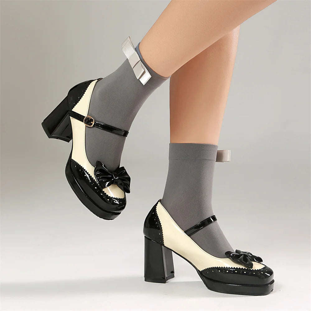 Plus Size 32-48 Sweet Lolita Patent Leather Mary Jane Shoes Women Gothic Square Toe Bow Tie Platform Chunky Heels Brogue Pumps