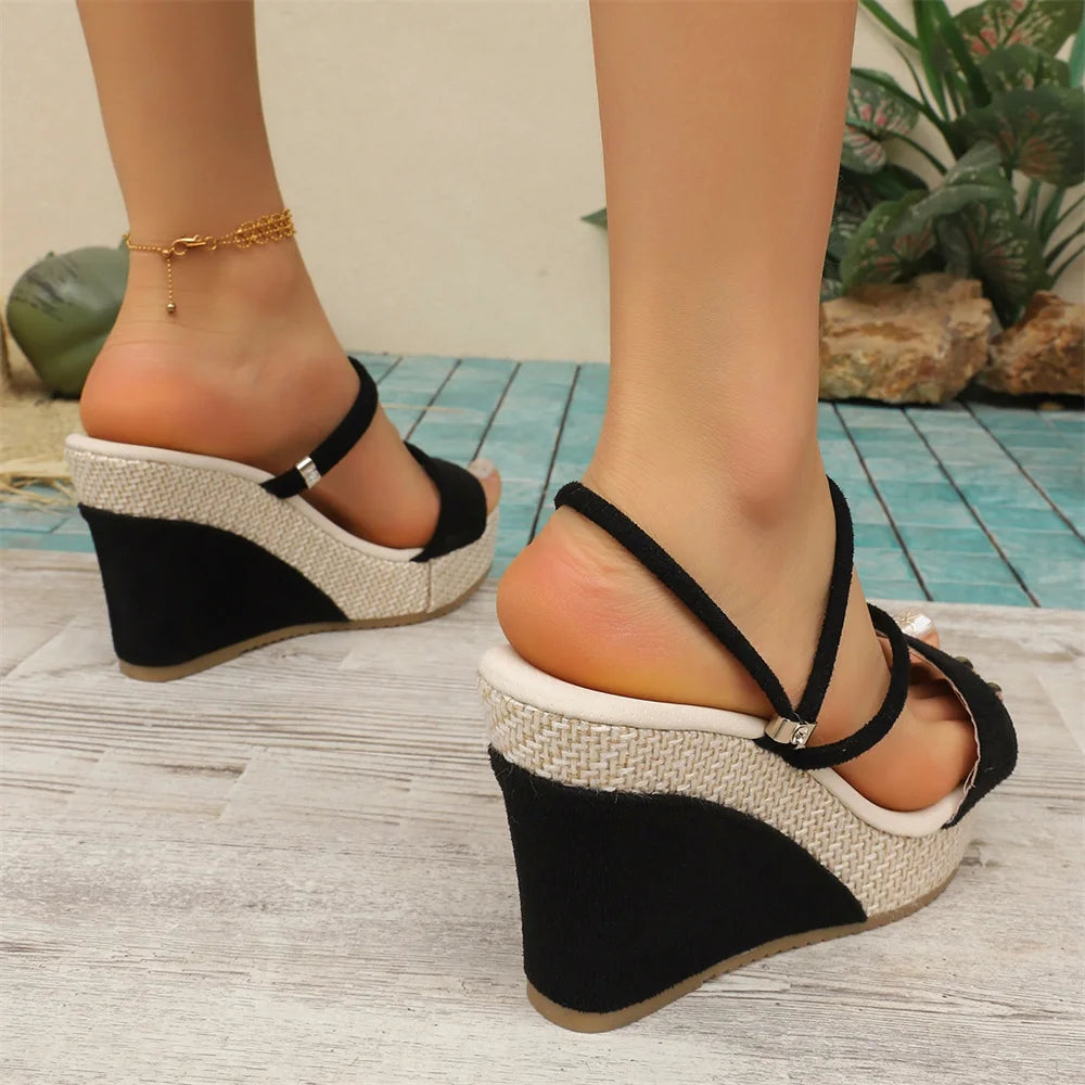 Women's Black Suede Dual Straps Straw Wedge Slide Mules Platform Sandals Summer Beach Travel Daily Casual Shoes EUR Size 43
