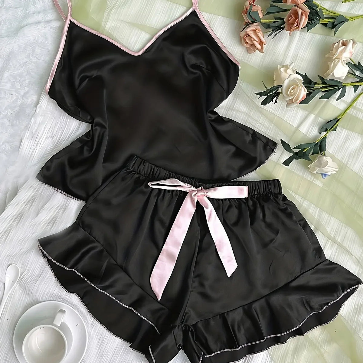 Summer Pajamas Set Women's Smooth Satin V-Neck Ruffled Edges Tops and Bow Shorts Pajama Sling Home Clothing