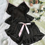 Summer Pajamas Set Women's Smooth Satin V-Neck Ruffled Edges Tops and Bow Shorts Pajama Sling Home Clothing