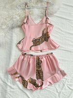 Women's Two Piece Pajama Set Leopard Print Ruffle Cami Top with Shorts Sleepwear Loungewear