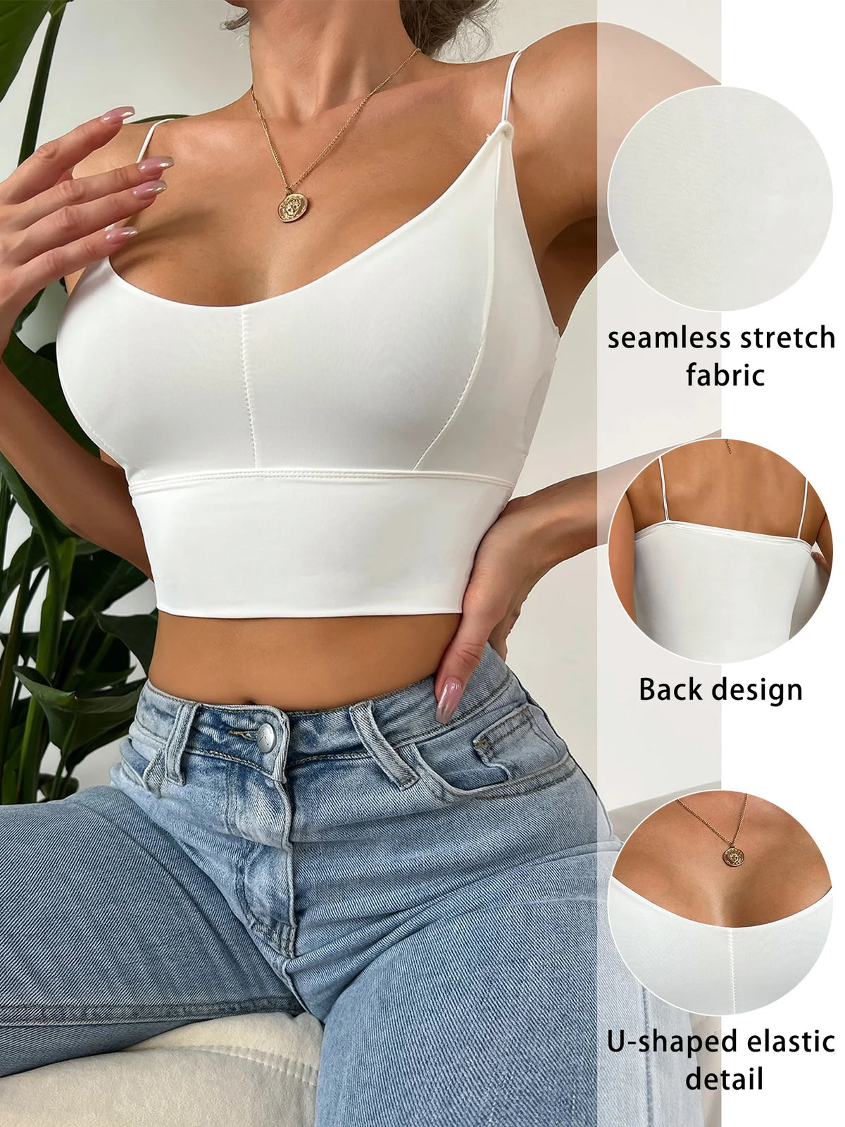 White detachable breast pad summer bra ribbon hanging neck small U-neck vest solid color vest fixed short top women X380