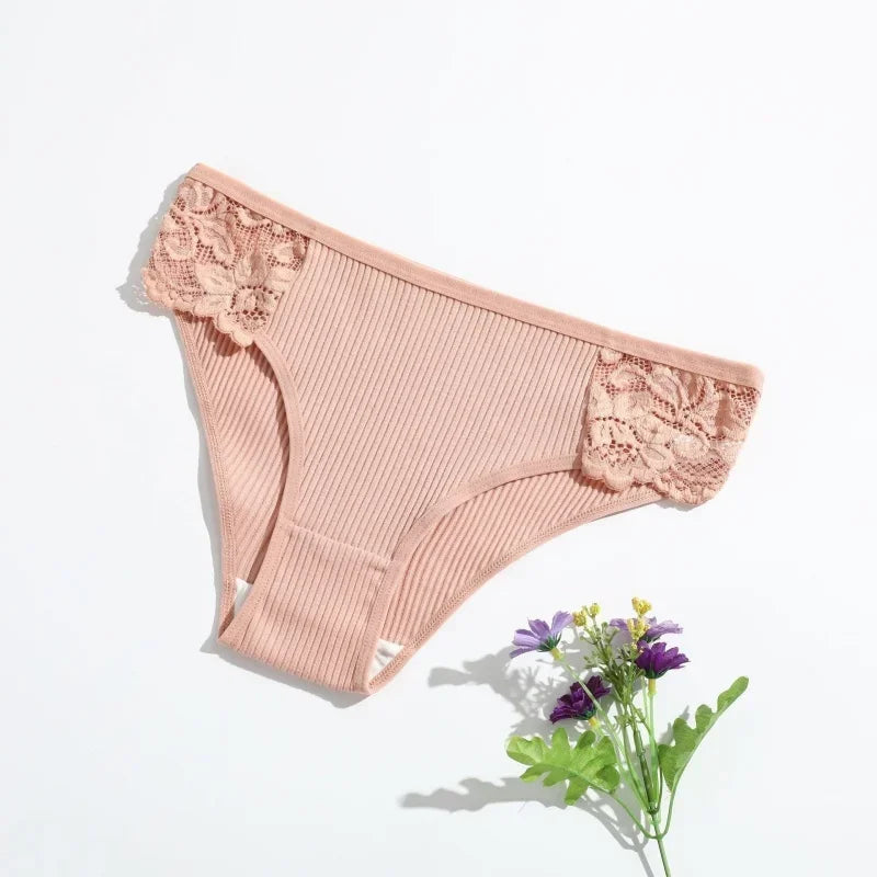 4Pcs/Set Cotton Panties Women Low Rise Briefs Breathable Underwear Solid Color Lace Trims Panty Female Underpants Sexy Lingerie
