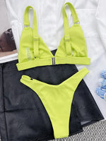 Ribbed Triangle High Cut Bikini Women Swimsuit Female Thong Swimwear Two Pieces Bikini Set Rings Bather Bathing Suit Swim Lady