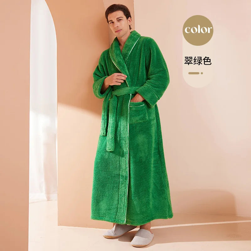 Thick Cozy Fleece Couple Bathrobe, Men Women Long Warm Loungewear, Autumn Winter Flannel Plus Size Robe Pajamas