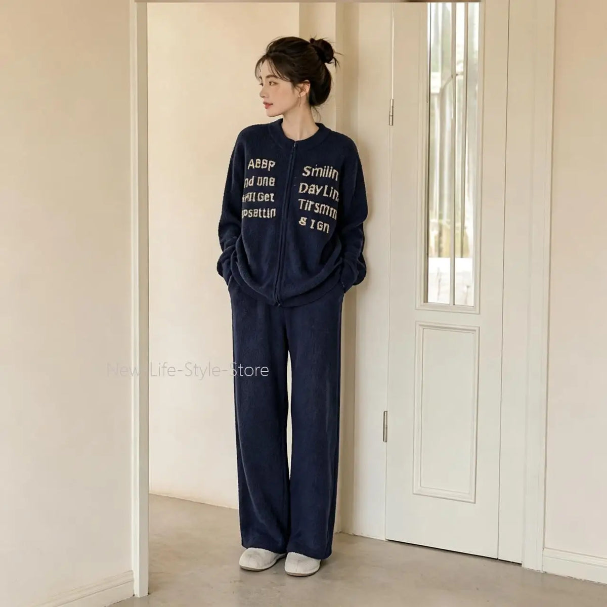 Autumn Winter Thick Zipper Cardigan Casual Wearable Outside Ladies Homewear Sleepwear Women Half Velvet Two Piece Pajama Set