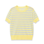 Fashionable Casual Striped Short-sleeve Knit Shirt Women Yellow Blue Striped Short Sleeve Knit Top Crew Neck Summer T Shirt SEUY