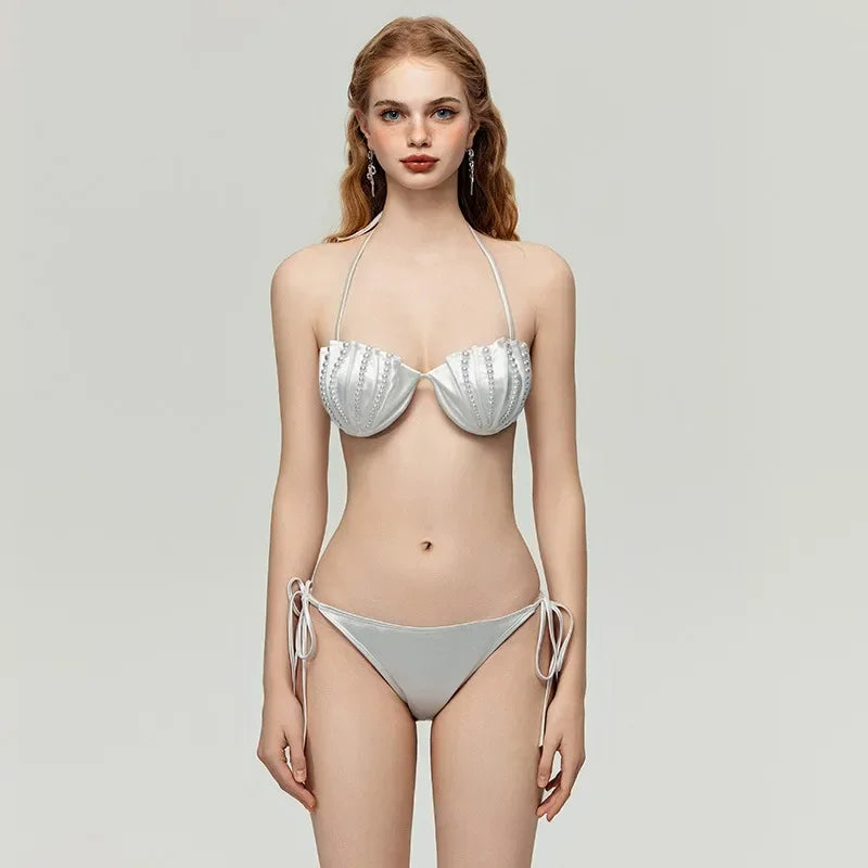 Peals Shell Push Up Bikini Set Women Pink White Underwire Bra Mesh Skirt 3 Piece Swimsuit 2025 Beach Bathing Suit Thong Swimwear