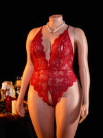 Plus Size Sexy Crotchless Lingerie Women Lace Hollow Bodysuit Erotic Pajamas Teddy Babydoll Dress Deep V Open Bra Underwear Set