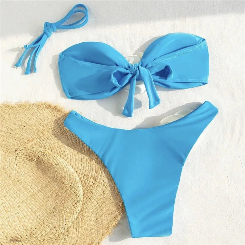Sexy Flower Bandeau Swimwear Thong Bikini 2026 Women Lace-up Swimsuit Swimming Bathing Suit Brazilian Bikinis Sets Mujer Biquini