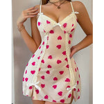 Pajamas Heart Print Lace Patchwork Camisole Dress Sexy Pure Desire Erotic Slim Fit Short Dress Bowknot Deep V Sleeveless Dress
