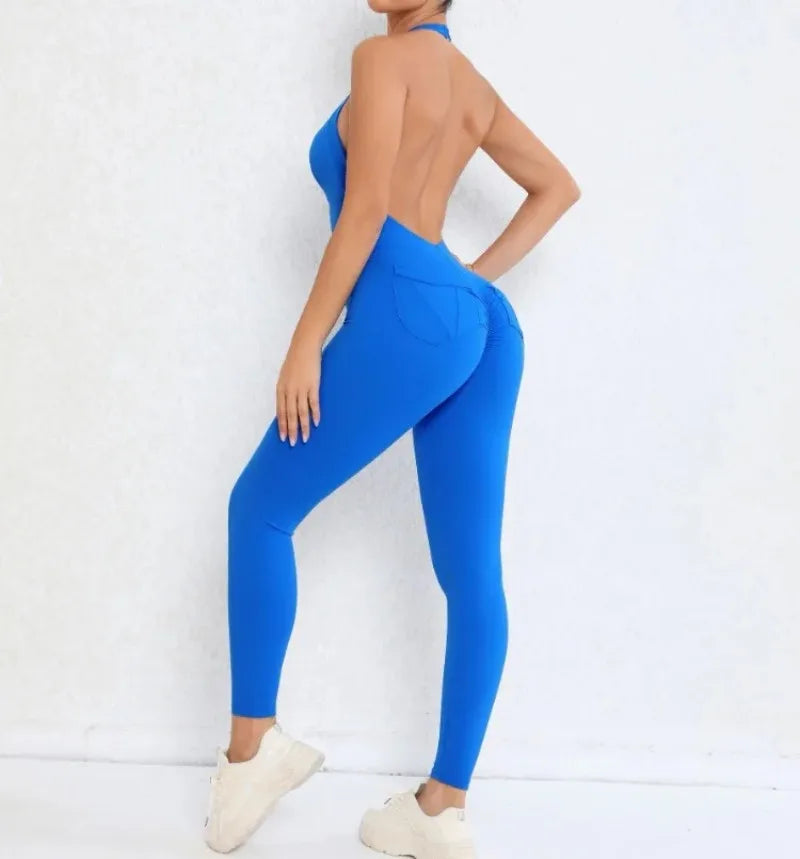 Women's Seamless Yoga Jumpsuits Sports Fitness Peach Hip-lifting Beauty Backless One-piece Pocket Tight Workout Gym Bodysuit