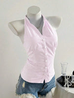 Summer Casual Shirt Women's Blue Striped Halter Top V Neck Button Down Sleeveless Slim Fit Blouse 2026 Y2K Style Streetwear