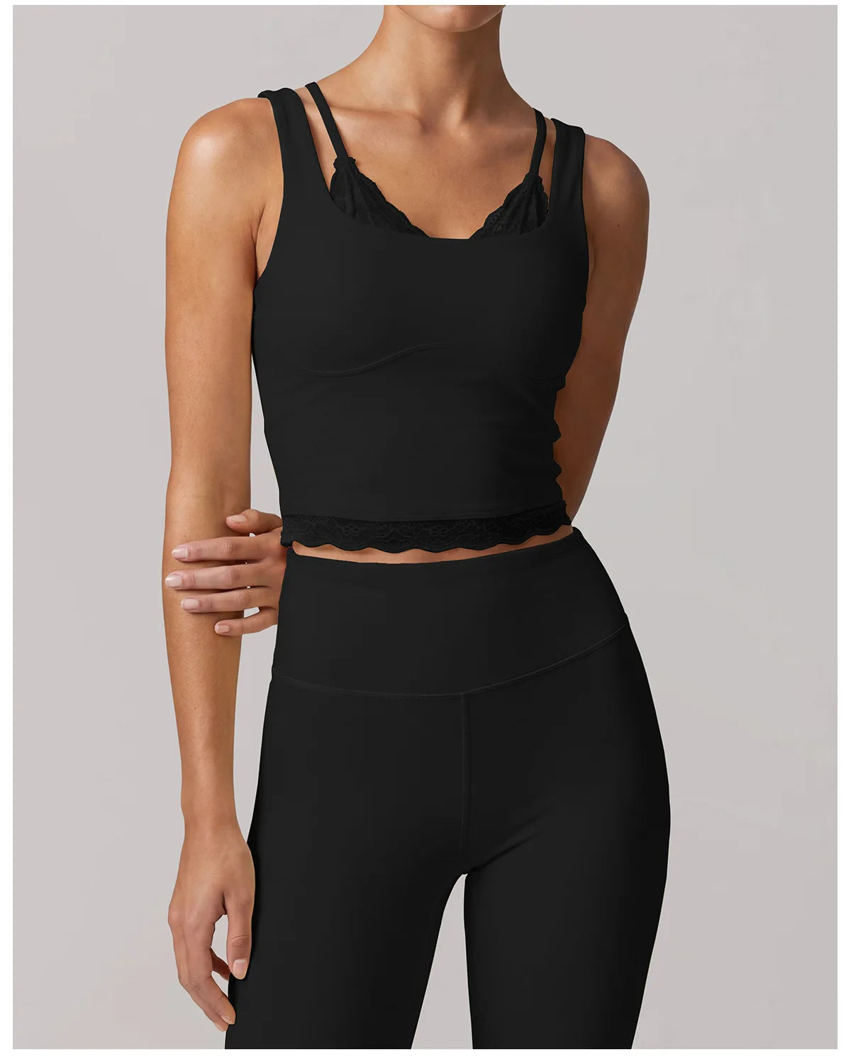 Fake Two Piece Tank Top Yoga Sets Women Lace V Neck Sports Vest Fitness Suit Hip Lifting High Waist Leggings Workout Clothes