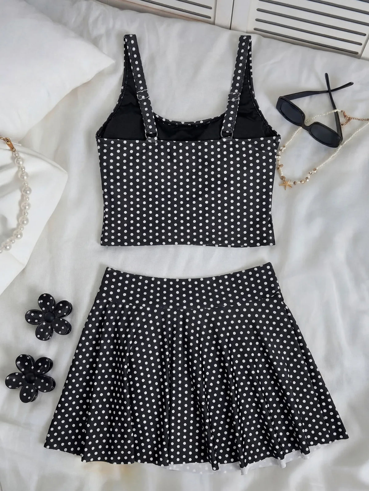 Vintage Black Polka Dot Print Tankini Set Women Push Up Tank Top Split Tie Skirt Two Piece Swimsiut 2026 Bathing Suit Swimwear