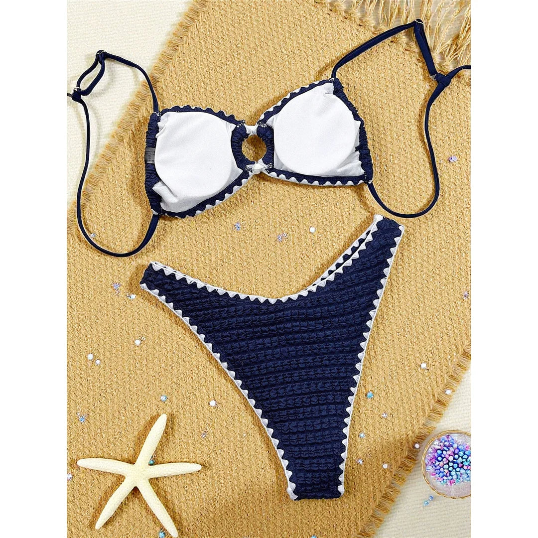 Sexy Wrinkled Crinkled Cut Out Bikini Women Swimwear Female Swimsuit Padded Bather Bathing Suit Swim Two-pieces Bikini set K8054